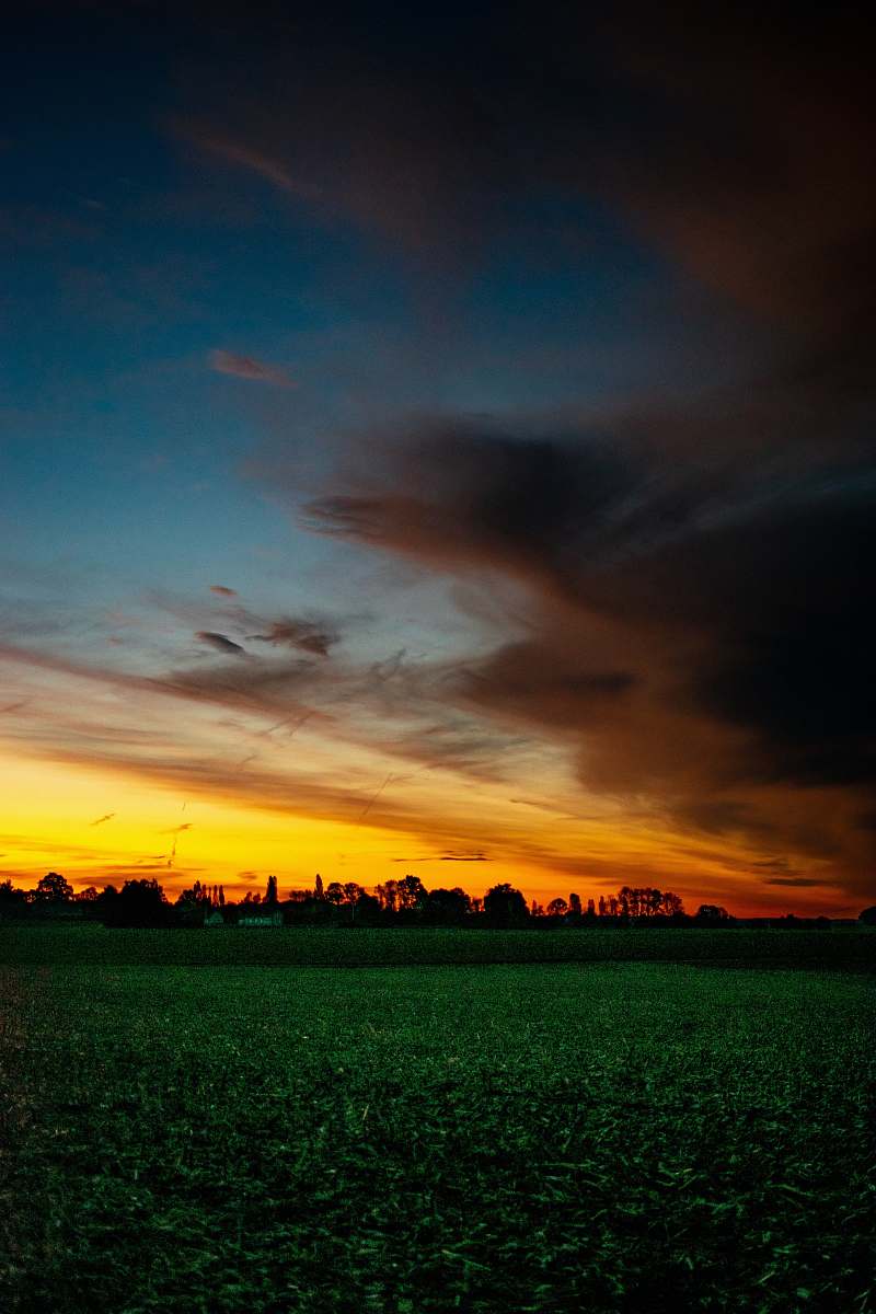 red sky grass field under blue sky outdoors
